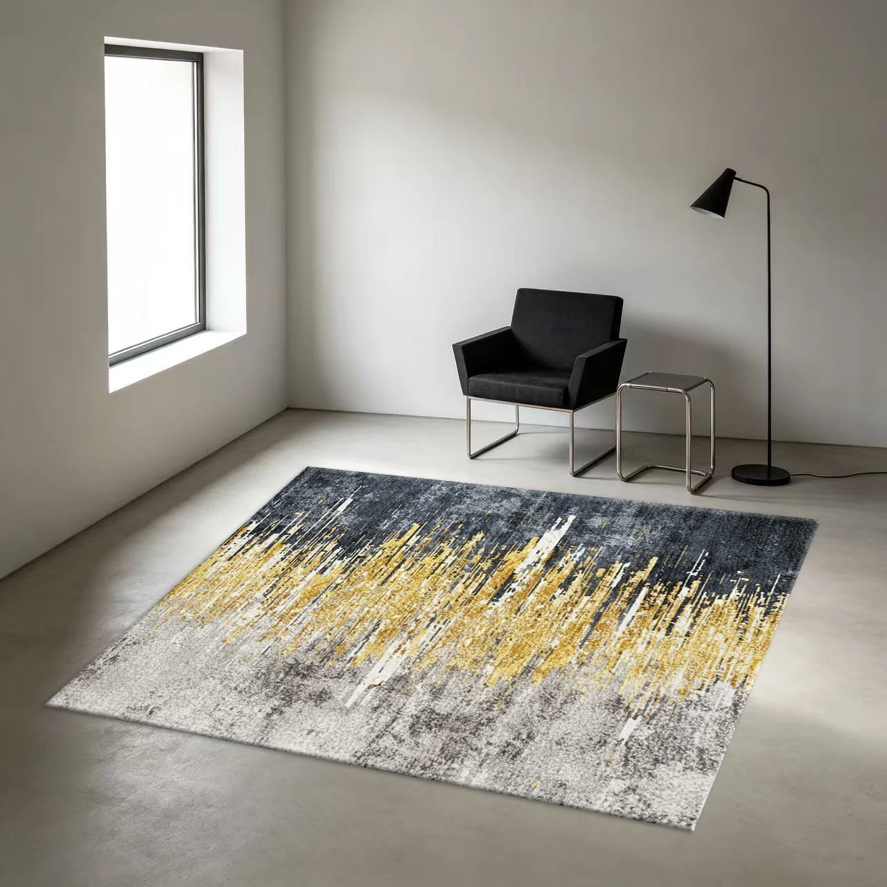Modern Abstract Gold Black Brushstroke Carpet Floor Luxury Art Square Rug Soft Non-Slip Floor Mat Suitable for Living Room Home Decor