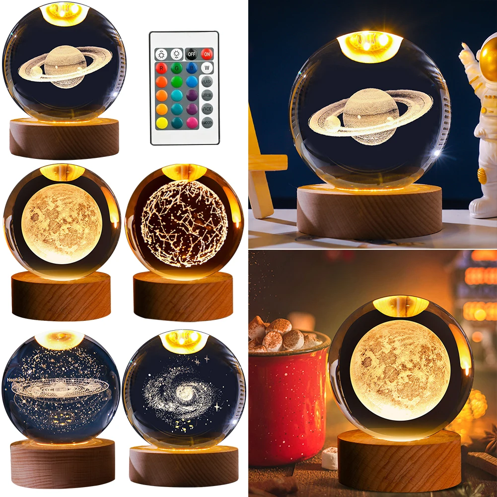 3D Moon Galaxy Globe Night Light Large 3D Galaxy Crystal Ball Night Light Wooden Base LED Crystal Table Lamp Ideal Birthday Gift