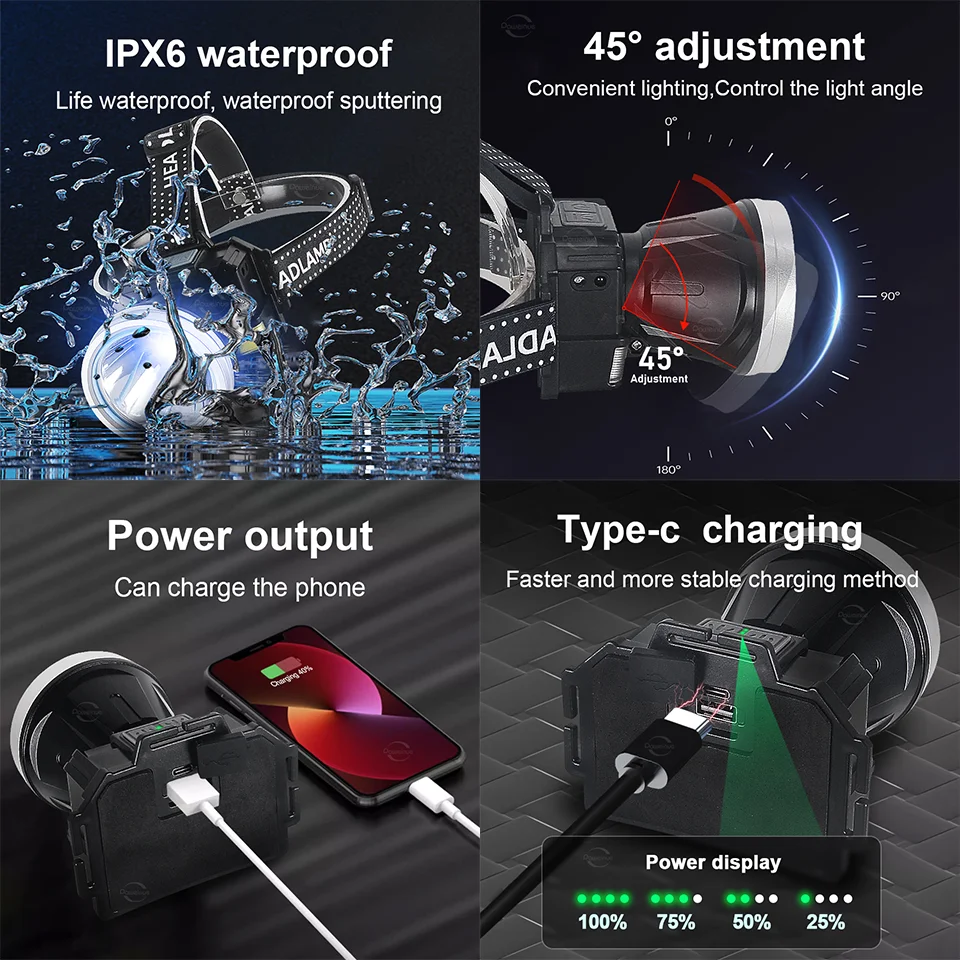 6000000LM New Ultra Powerful Head LED Light Super Bright 4000M Headlamp USB Rechargeable Headlight Fishing Camping Head Lantern