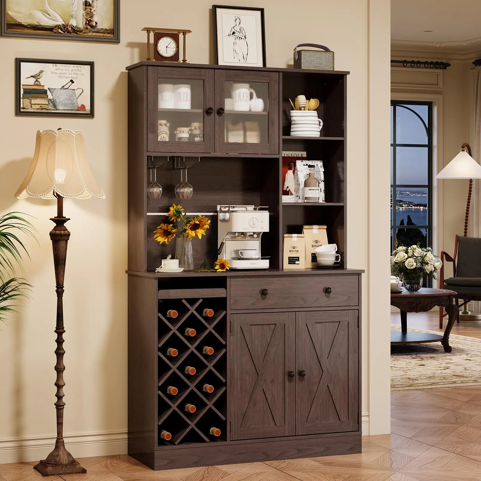 

Rustic Coffee Station Cabinet With Wine Rack, Glass Doors, Open Shelves, And Power Outlet For Kitchen Or Dining Area