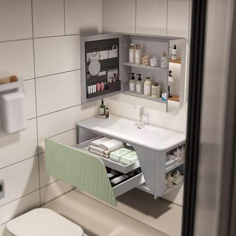 Bathroom Cabinet Combination Intelligent With Rock Board Hot Bending Integrated Basin Sink Wall-Mounted Direct Sale