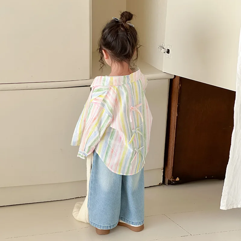 

Baby Girls Shirts 2025 Spring New Korean Style Bowknot Long Sleeve Colorful Striped Shirt Cardigan Childrens Sweet Clothes