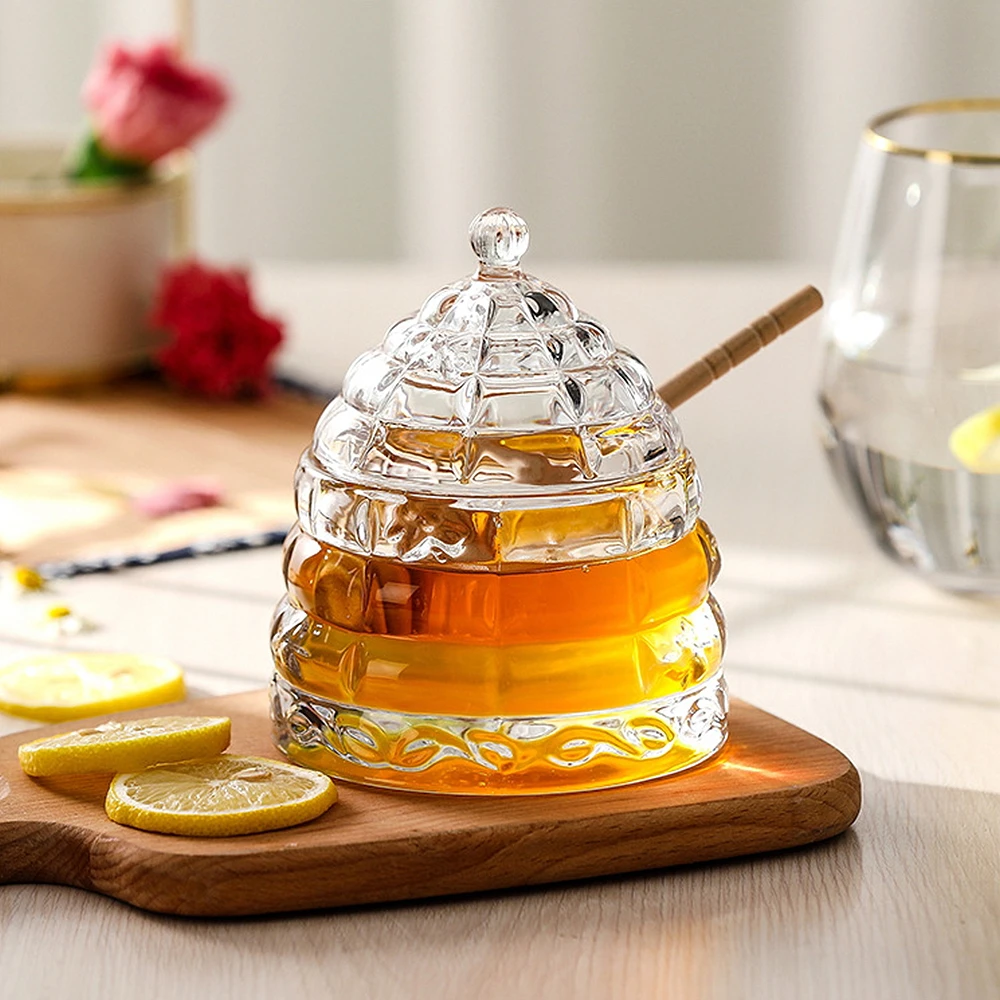 Glass Honey Jar Clear Glass Honey Pot with Dipper Lid Small Kitchen Storage Jar Container for Syrup Honey Dispenser for Honey