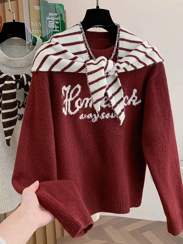 Laid-ba Korean Sle round Ne Striped oulder Wrap Knitted Sweater plus Size Layering Hoodie Casual Loose Fit Long Sve