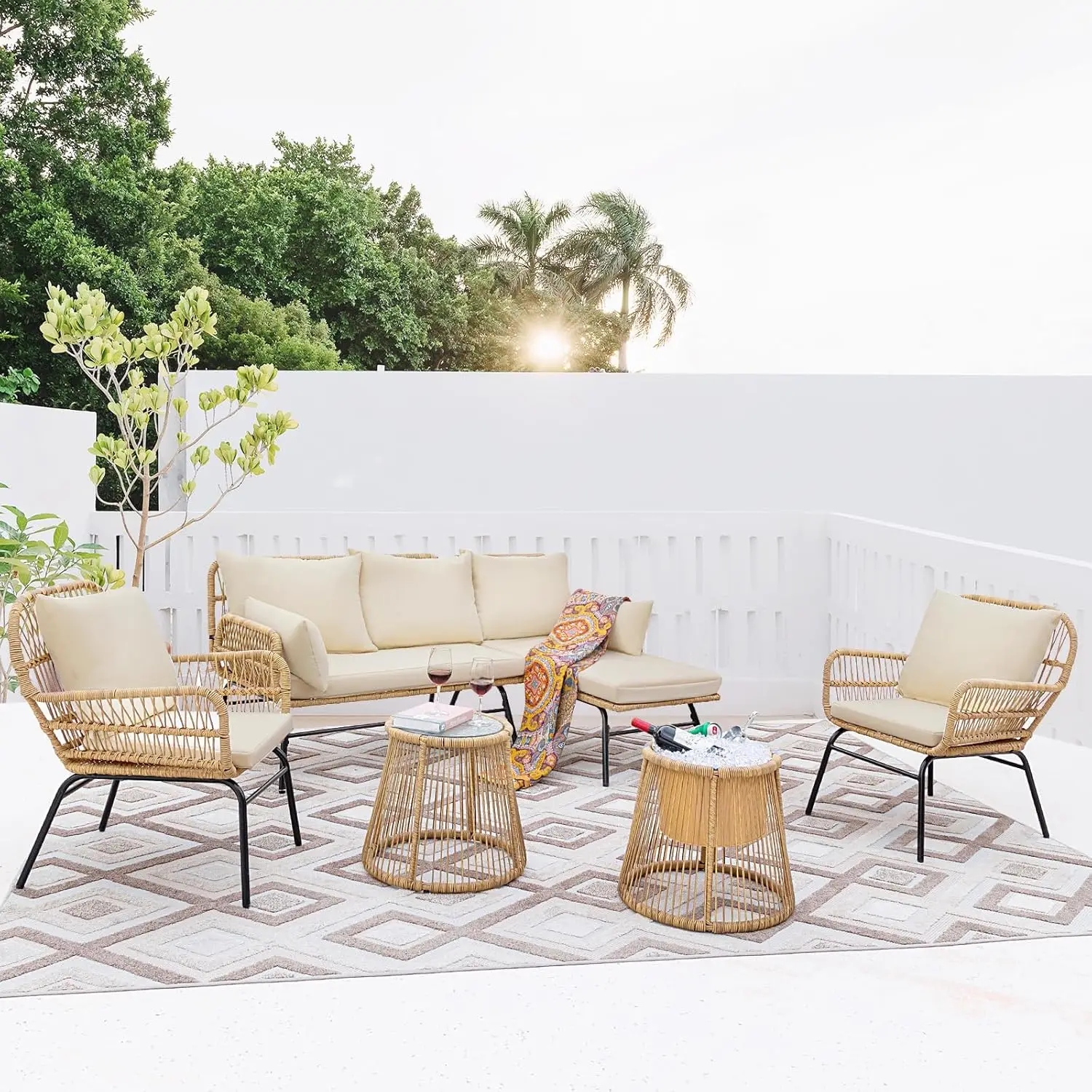 

6 Pieces Boho Patio Furniture , Small Outdoor Sectional Sofa Conversation Chair Set with Ice Bucket Table & Round