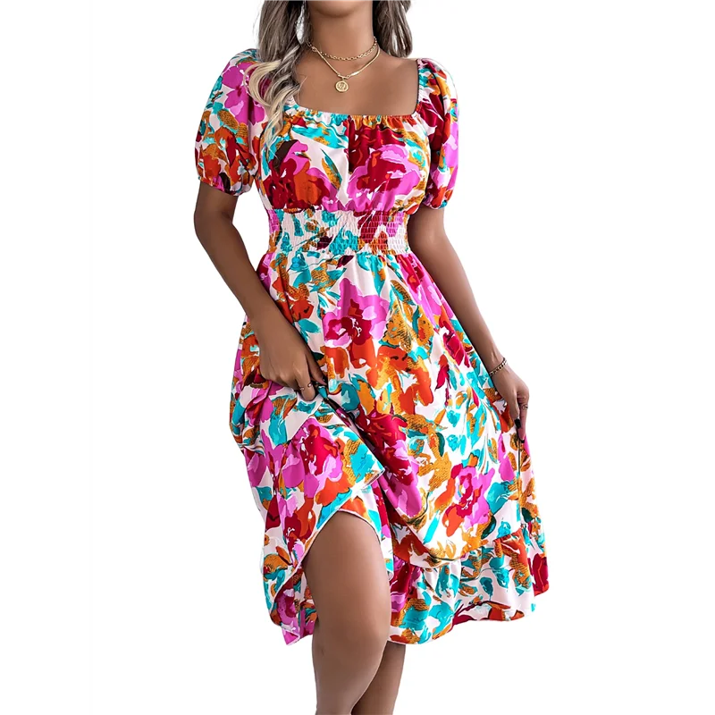 ผู้หญิงฤดูร้อนชุดลําลอง 2025 ฤดูใบไม้ผลิพัฟแขนสแควร์คอ A-Line Flowy Boho ดอกไม้ Smocked MIDI ชุด