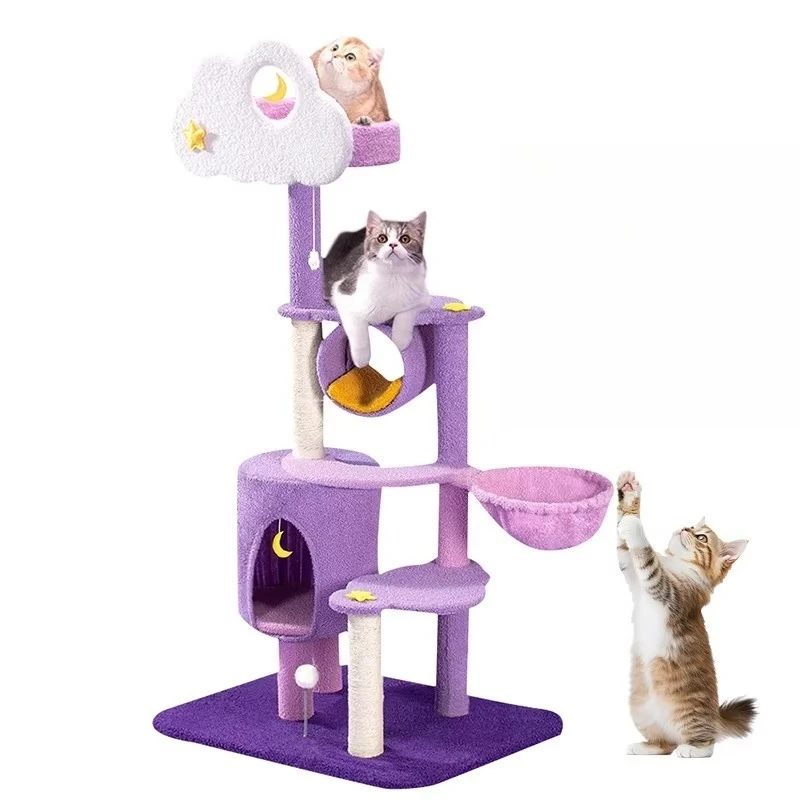 

Luxury Purple Large Cat Tree House with Adjustable Height 4-Level Wood Scratcher Carton Pack