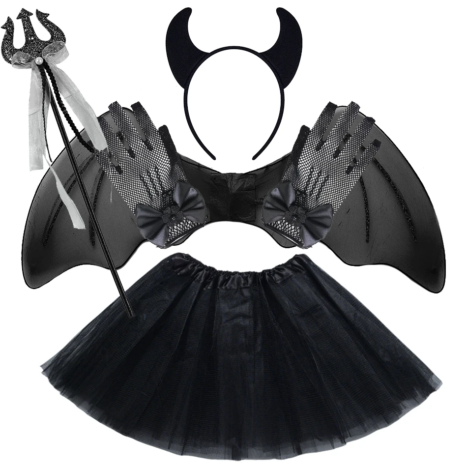 6 Pcs/Set Kids Halloween Party Costume Set for Girl with Tulle Skirt Bat Wings Headband Wand Gloves Christmas Performance Outfit