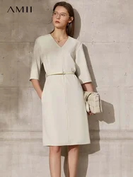 Amii Minimalism Summer New Causal Dress For Women Offical Lady Sold Vneck Loose Knee-length Women's Chiffon Dress 12160025