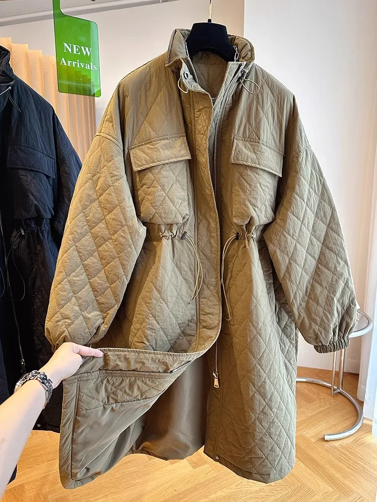 Cotton-Padded Clothes Female Winter New 2023 Design Diamond Check Mid Length Cotton Jacket Warm Women's Coat Tide