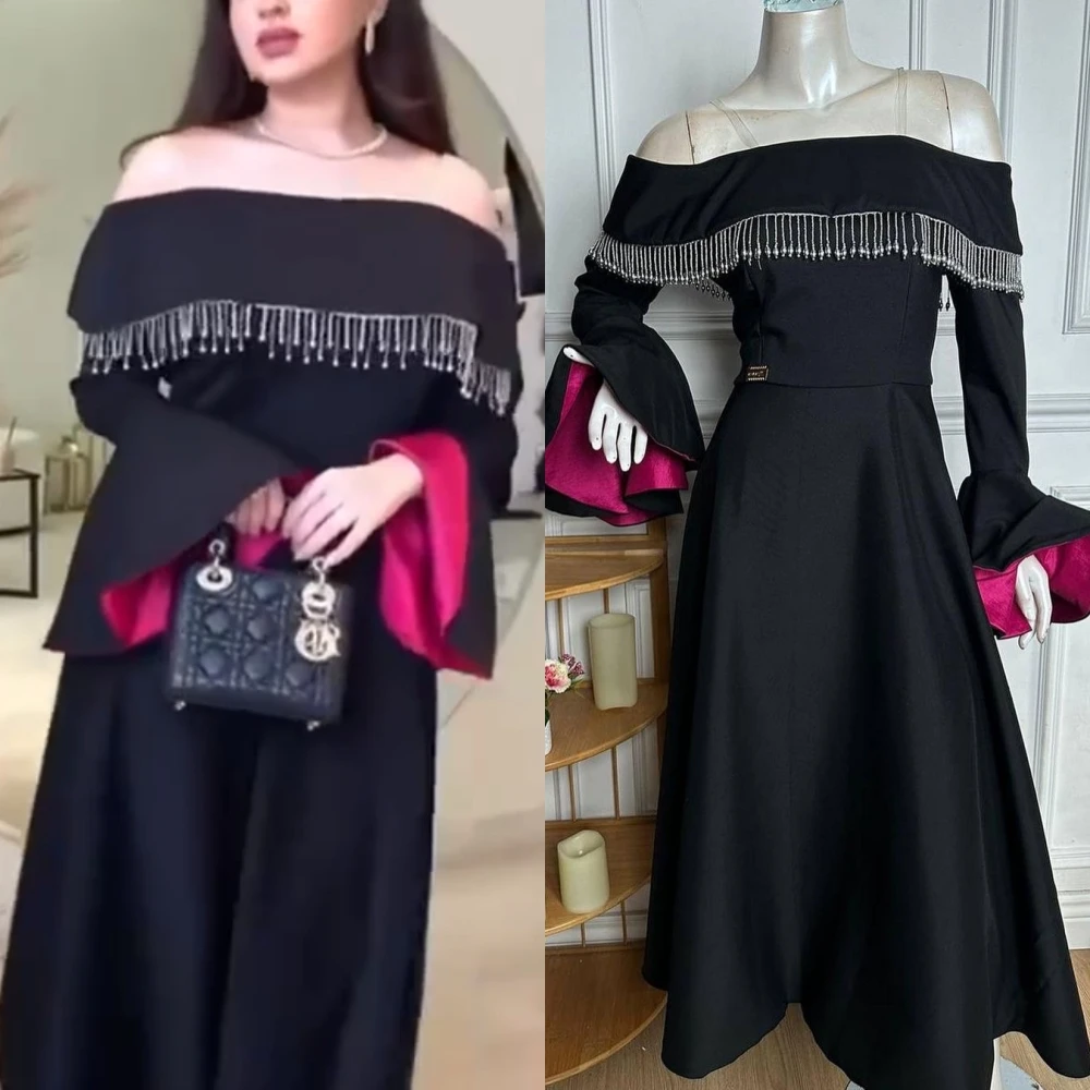 

es High Quality Exquisite Off-the-shoulder A-line Tassel Satin Formal Occasion Gown شارون سعيد فساتين سهره платье