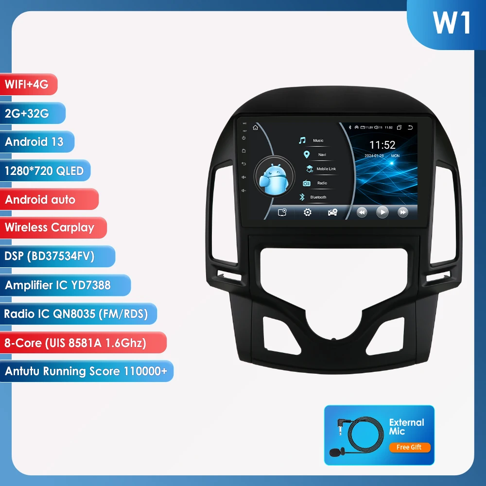 Hizpo 2Din 9 inch Android14 Autoradio voor Hyundai i30 AT MT 2006 - 2011 SWC BT 4G DSP RDS GPS Snapdragon 6115 Auto CarPlay