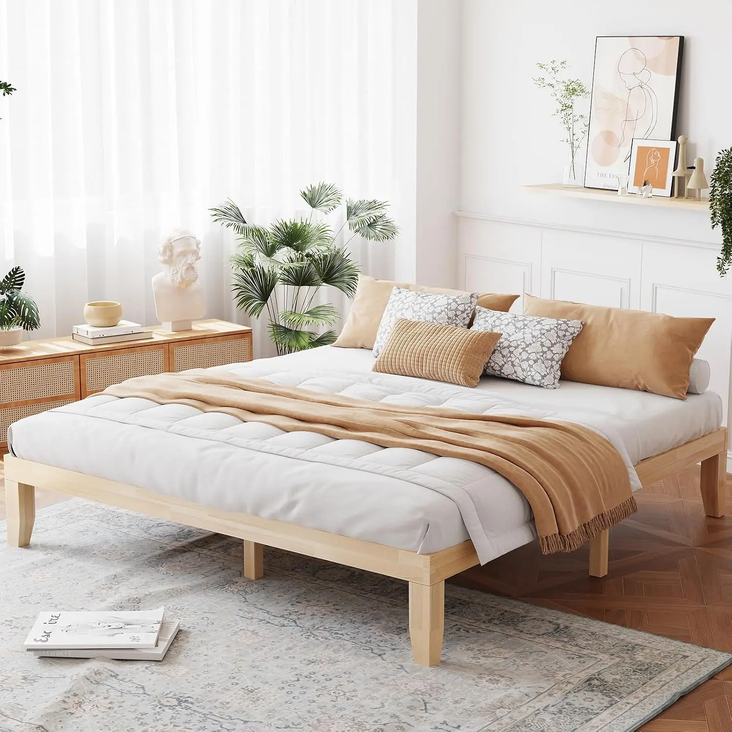 King Wood Platform Bed Frame 14 Inch Rubber Wood Foundation Heavy Duty Slats No Box Spring, Customized