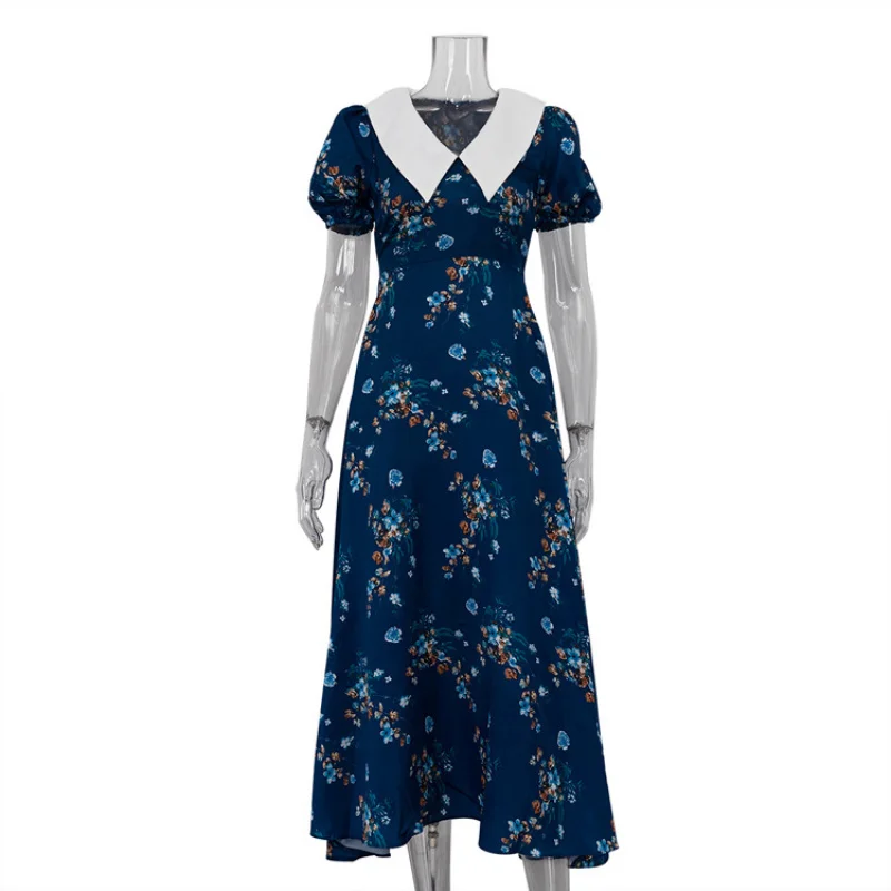 French Style Spring and Autumn Doll Collar Short Sleeve Dress for Women, Blue Floral Slimming High-End Exquisite First Love Styl