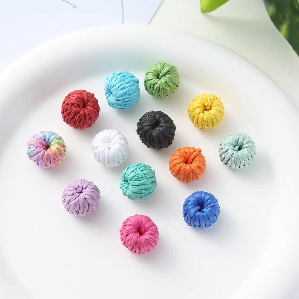 30pcs 13-14MM Raffia Wound Ball Beads Round Straw Paper Wrapped Woven Beads for Diy Earrings Jewelry Making Crafts Accessories