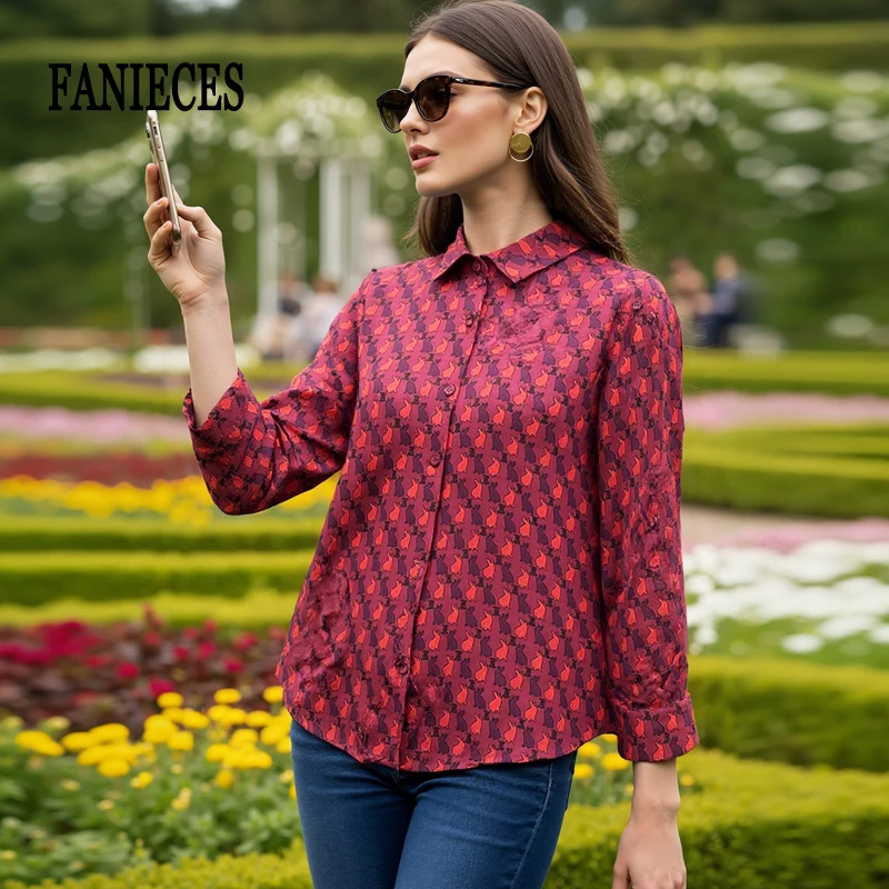 

Роскошные женские блузки и рубашки с принтом цвета бургунди, летние блузки с длинными рукавами и отложным воротником, топы в стиле OL, уличная одежда, дизайнерские рубашки, брендовые рубашки Camisas