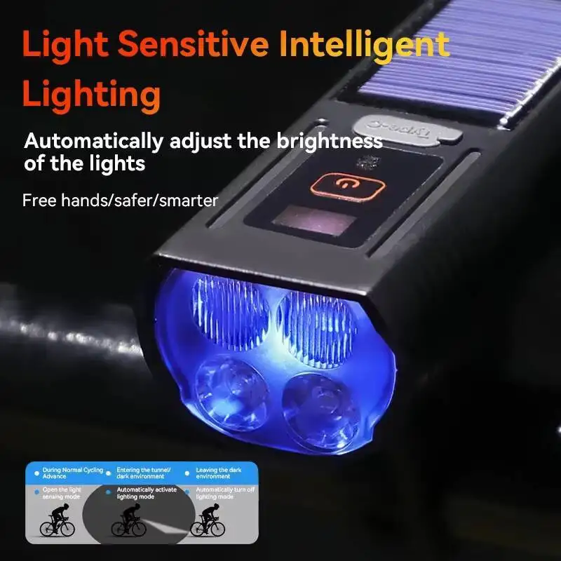 Solar Bike Headlight with 120dB Horn & Digital Display, Waterproof USB Rechargeable LED Light for MTB Road Bike Cycling