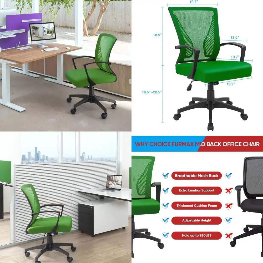 

Эргономичное вращающееся офисное кресло со средней спинкой, поясничной опорой и подлокотниками, зеленое (2 шт.)