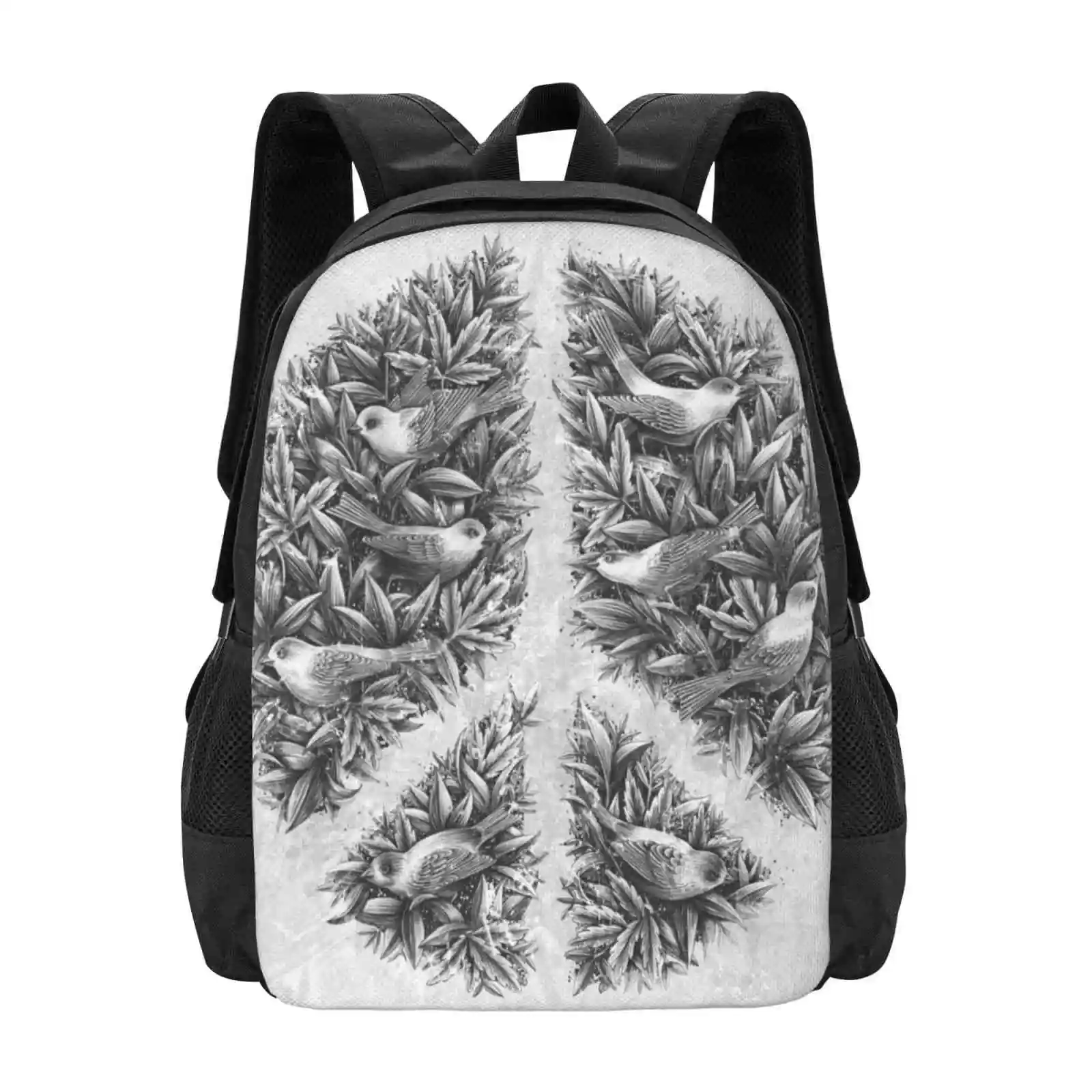 

Peace Naturalis 3D Print Design Backpack Student Bag Peace Sign Symbol Birds Nature Artsy Artistic Plants Leafs Black White