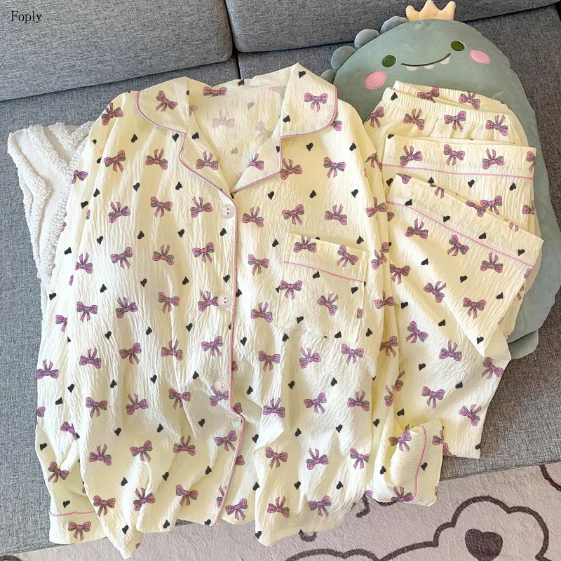 

Korean Bow Women's Pajamas Loungewear Set Pyjamas Cardigan Spring and Autumn Crinkled Fabric Homewear Long Sleeve Pijama Set
