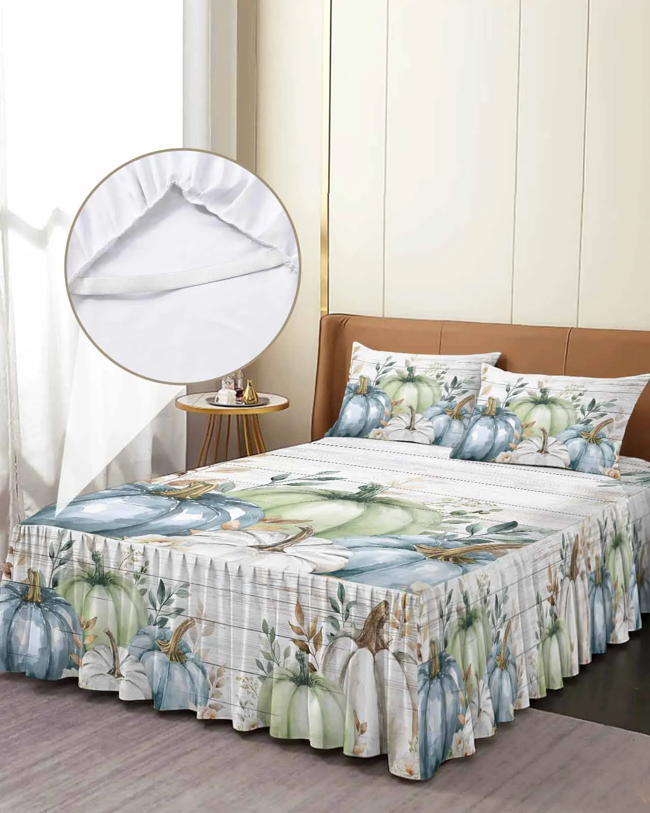 

Thanksgiving Autumn Leaves Skirt Elastic Fitted Bedspread With Pillowcases Mattress Cover Bedding Set Bed Sheet