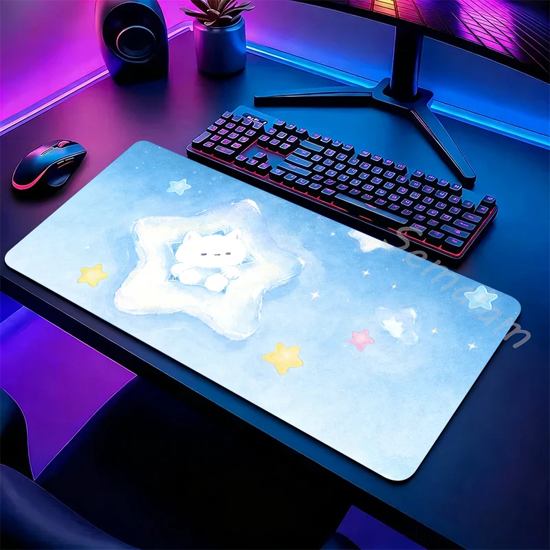 

Коврик для мыши Kawaii Anime XXL, большой игровой коврик для стола, с милым котом, нескользящая основа, прошитые края, для ПК, ноутбука, клавиатуры, декор