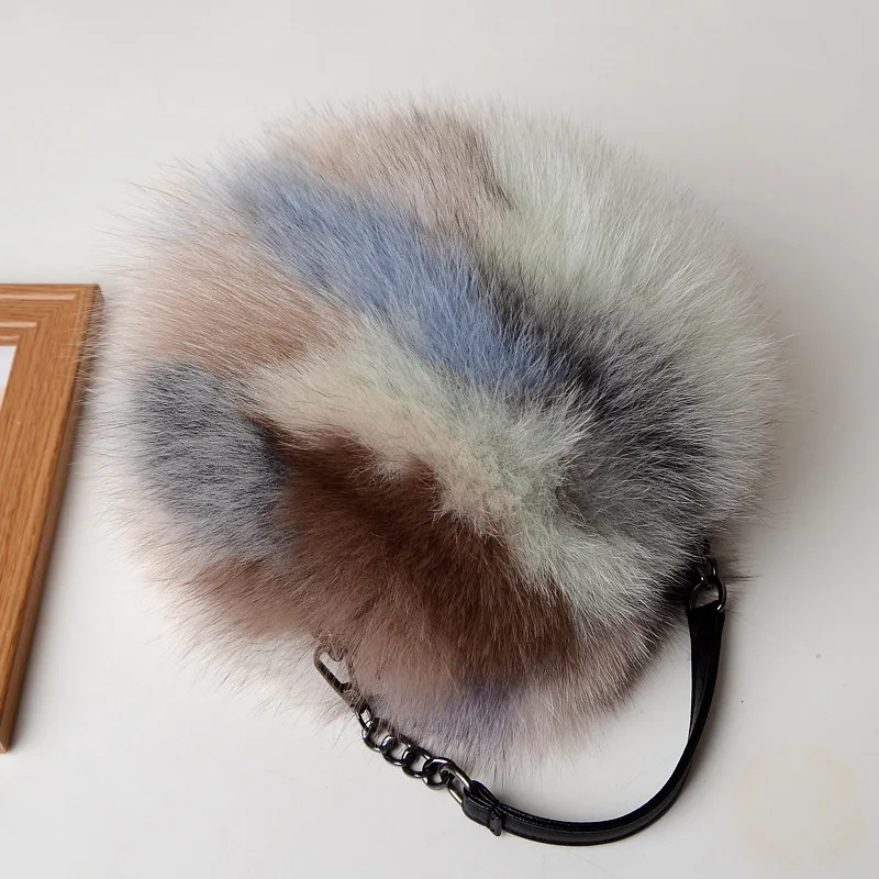 Women Winter Real Fox Fur Hand bag  Cute Girls Multi Color Luxury Genuine Fur Tote Bag Ladies Small Round Bags