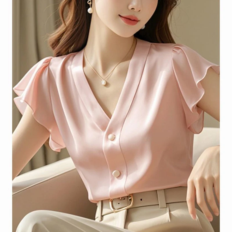 

Женская одежда, новинка лета 2025 года, повседневные топы, универсальная офисная женская блузка, элегантная однотонная рубашка с v-образным вырезом и пуговицами, складная рубашка с оборками