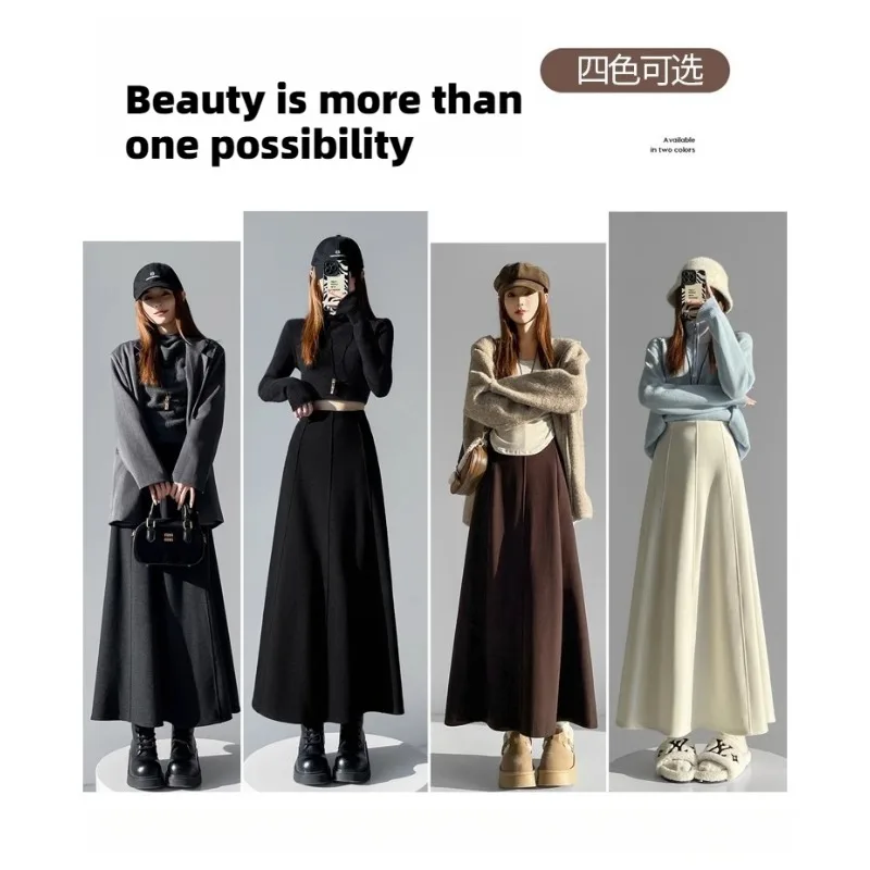 

Thickened Warm Fleece Long Skirt Women 2025 Autumn and Winter New High Waist Thin Drape A Line Coffee Skirt for Office Lady