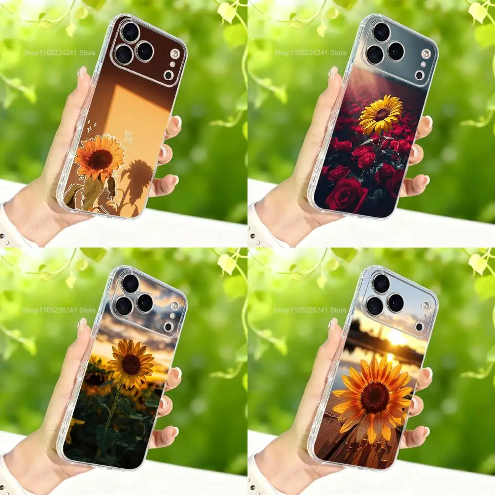 Botanische kunst zonnebloem voor iPhone 16,13,12,11,17,14,15,Pro,Max,Plus,X,XS,XR,SE,Mini transparant zacht siliconen hoesje