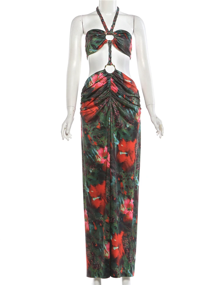 Cutenew Vakantie Gevlochten Halter Jurk Vrouwen Cirque Strapless Zomer Tailleless Party Clubwear Ruches Bloemen Skinny Vestidos