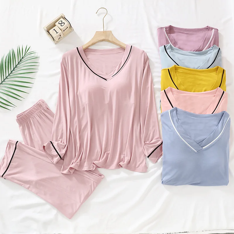 

Women Plus Size Pajamas Simple Wind Long-Sleeved Pajamas Female V-Neck Fall and Winter with Chest Pads Solid Sleepwear Home Wear