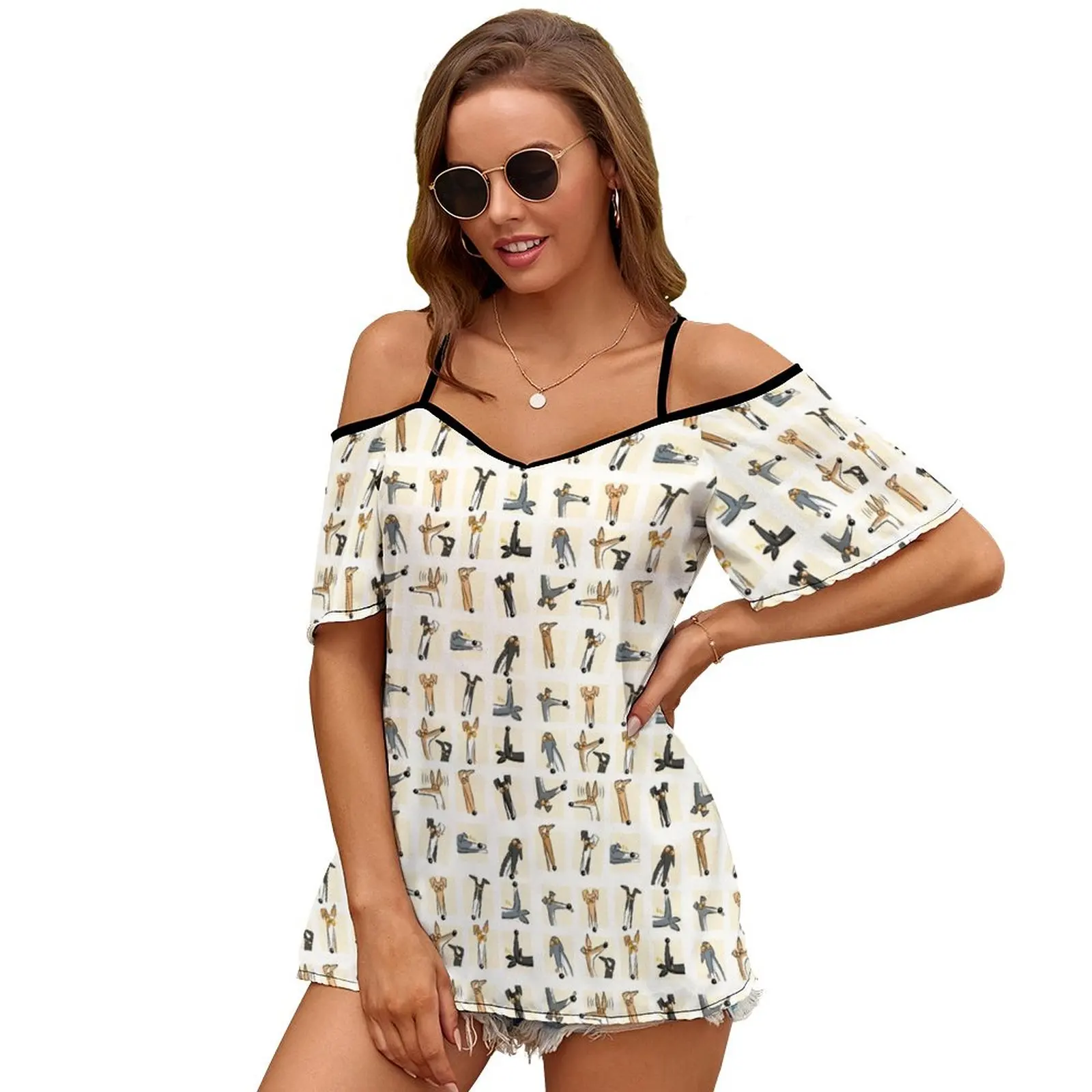 Heads Up : Cream Slit Sleeve Cold Shoulder Print Women T Shirt Casual Summer Tee Tshirt Loose Top Whippet Greyhound Hound Dog