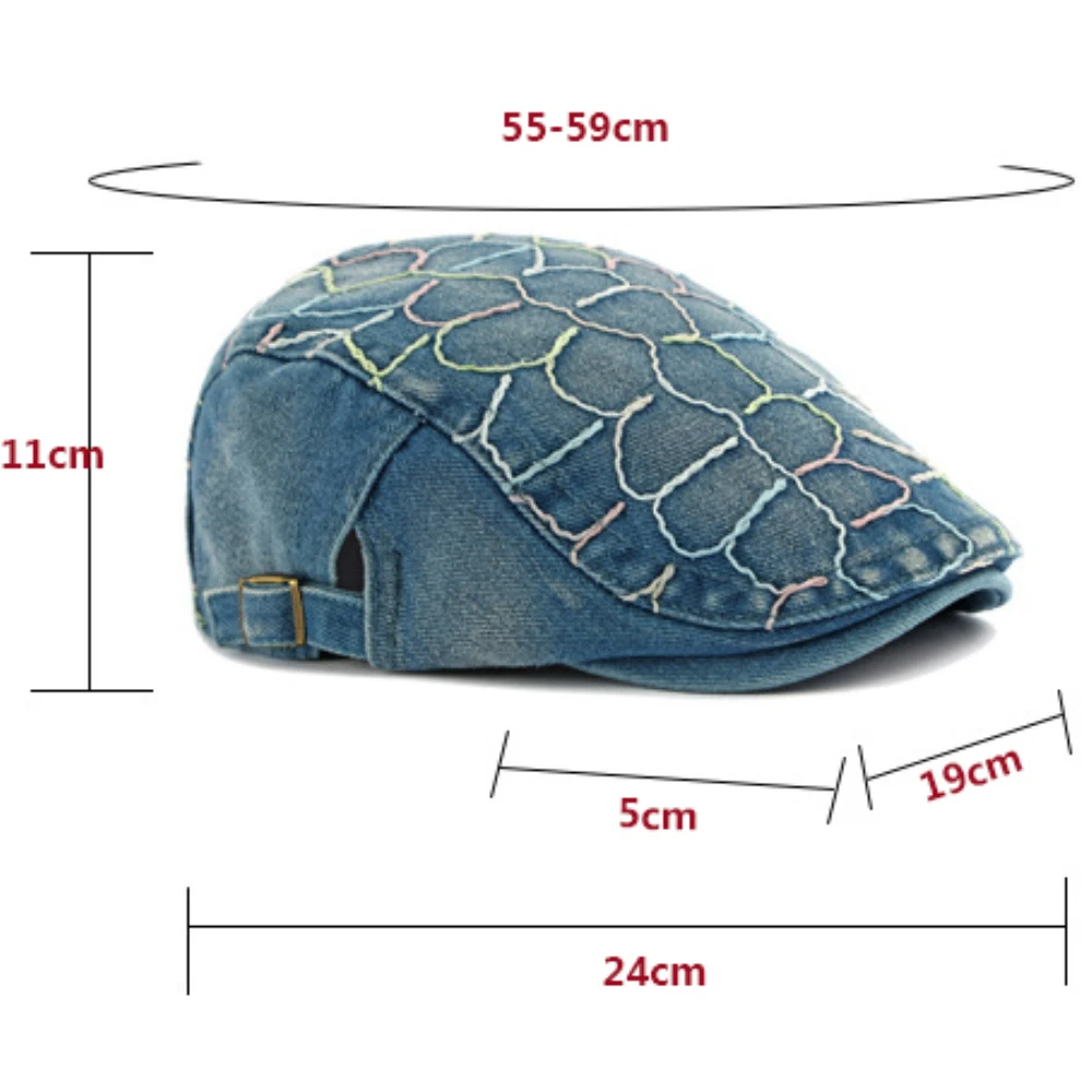 HT5071 Herren- und Damen-Baskenmützen Retro Künstler-Mütze mit Stickerei Hochwertige Baumwoll-Denim-Baskenmütze – Detail 1