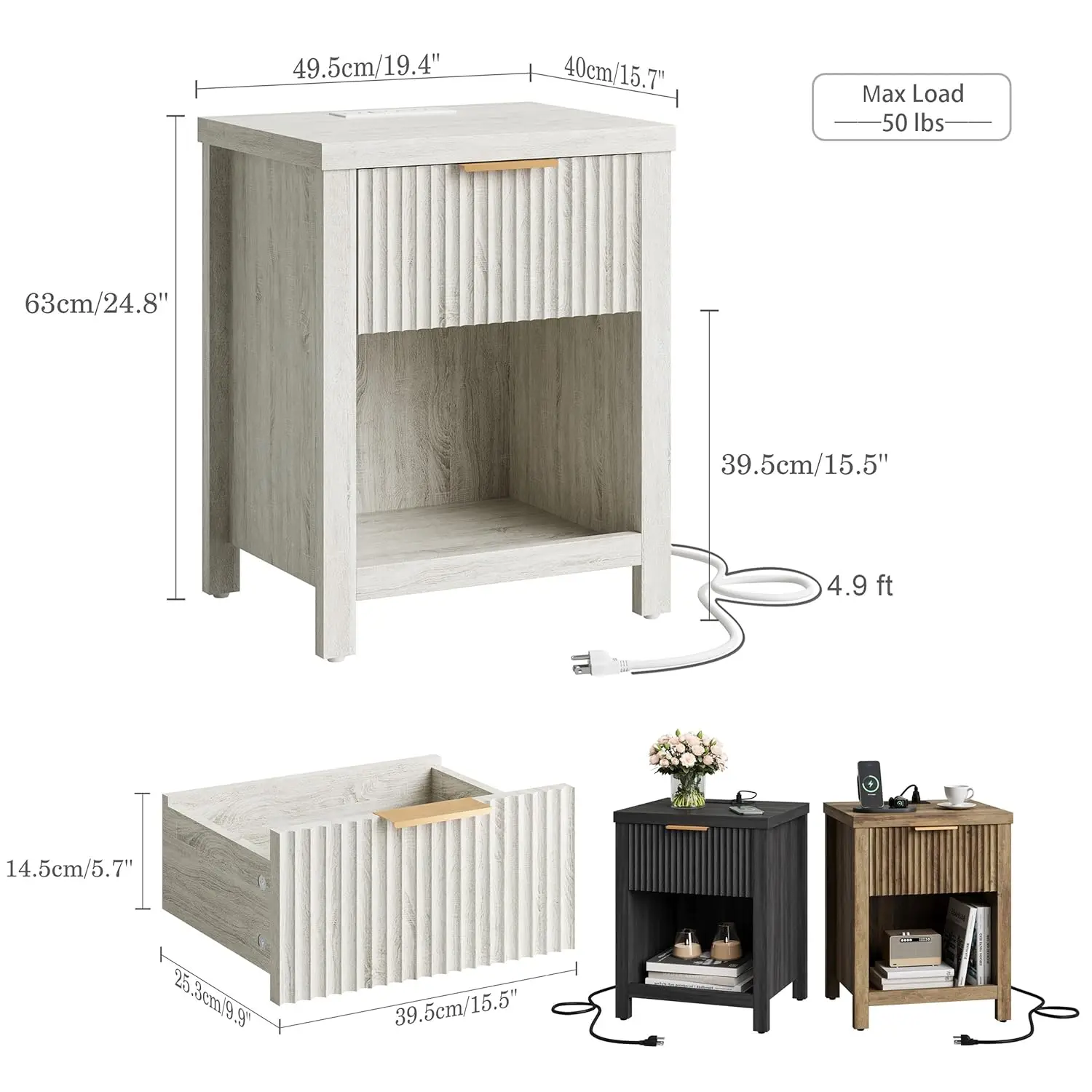 Fluted Nightstands with Charging Station Set of 2, Brooklyn Night Stand with Drawers, Modern Bedside Table with, Customized - view 3