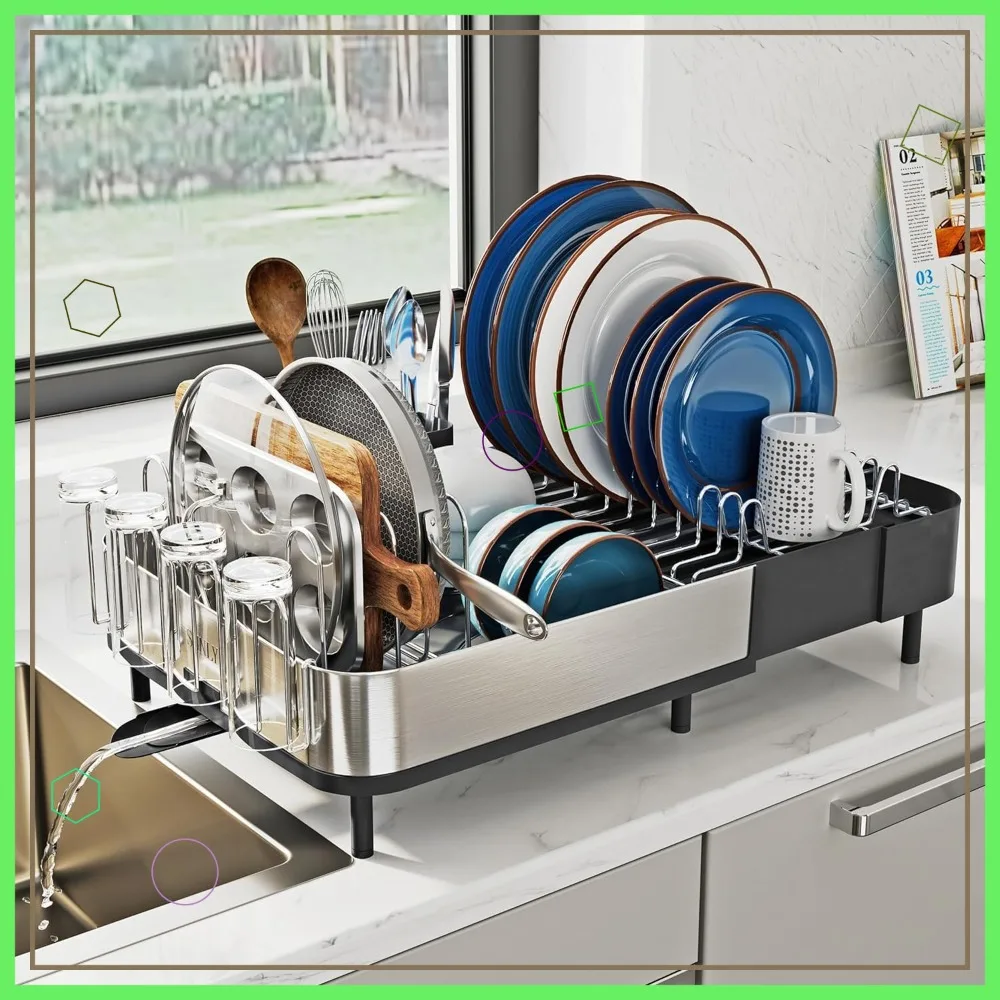 

Раздвижная сушилка для посуды с универсальными кронштейнами, компактный дренажный поддон из нержавеющей стали для кухонной столешницы, черный