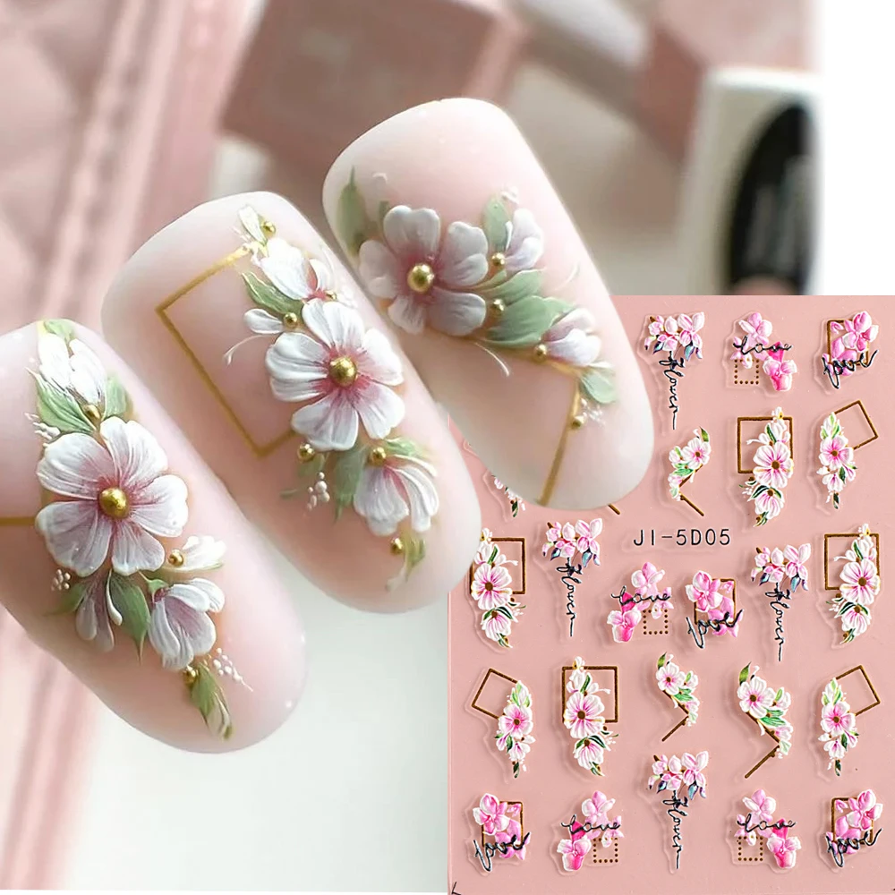 5D naklejki do paznokci kwiaty geometryczne linie Decor akrylowe tłoczone suwaki złote oprawki kalkomanie do paznokci kwiat wiśni Manicure GLJI-5D05