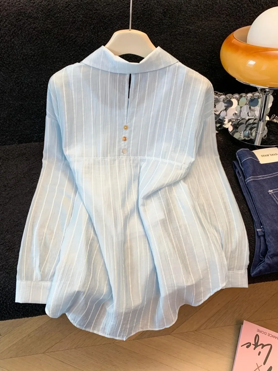 

Новая весенняя свободная женская полосатая рубашка с прозрачными вставками для защиты от солнца, в расслабленном стиле, с длинным рукавом, из полиэфирного волокна, повседневный топ