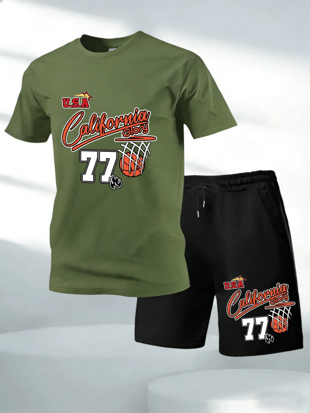 

Two Pieces Set California Clory Usa 77 Printed Cotton Tops Shorts Mens Oversized Soft O-Neck T-Shirts Pocket High Waisted Pants