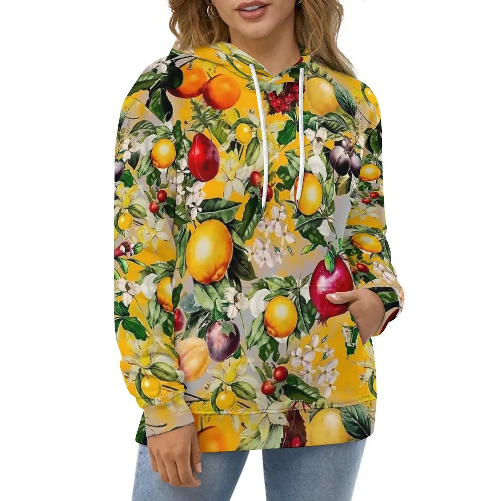 Fruit Print Hoodies Yellow Floral Streetwear Oversized Pullover Hoodie Unisex Long-Sleeve Aesthetic Graphic Casual Sweatshirts