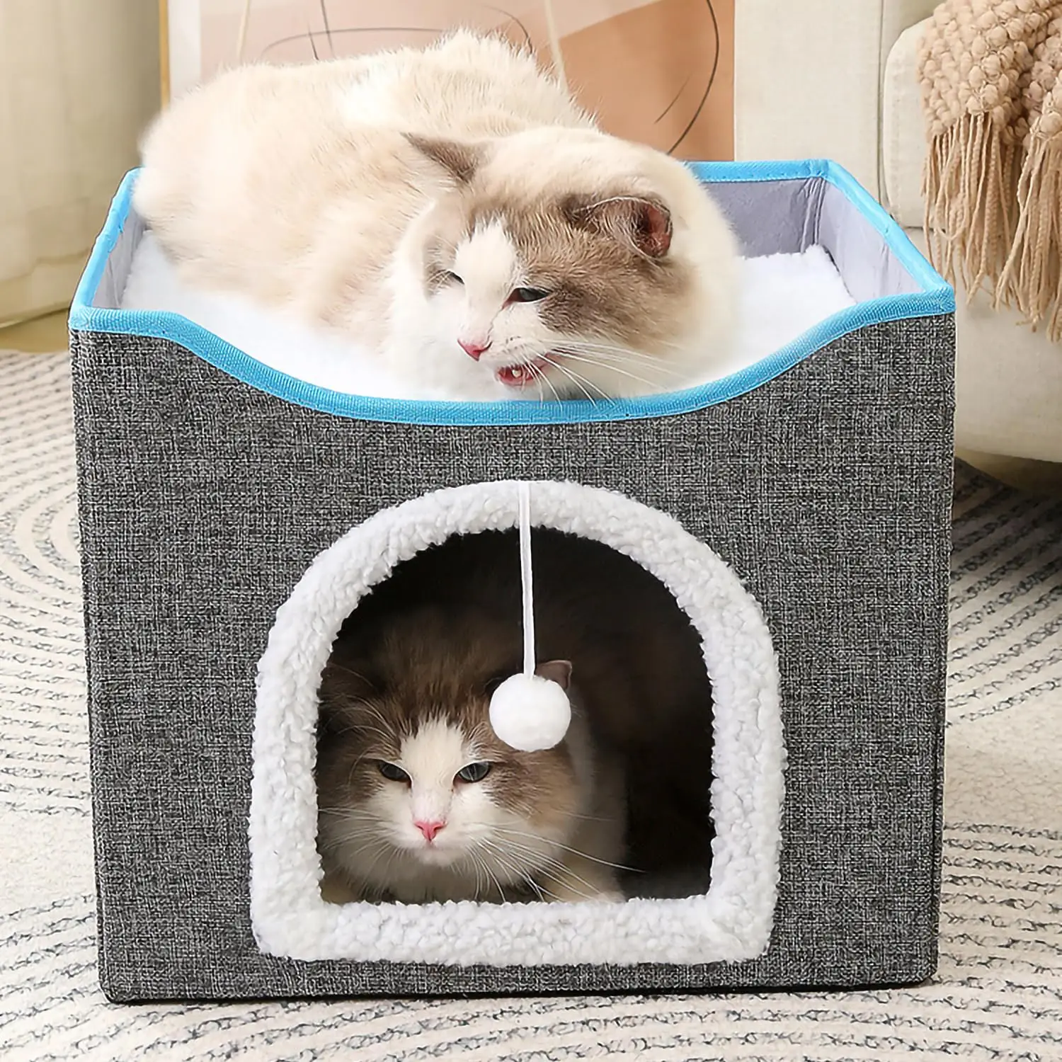 

Large Cat Cave with Fluffy Ball Hanging and Scratch Board Foldable Kitten Sleeping Bed Warm and Comfortable Nest in Winter