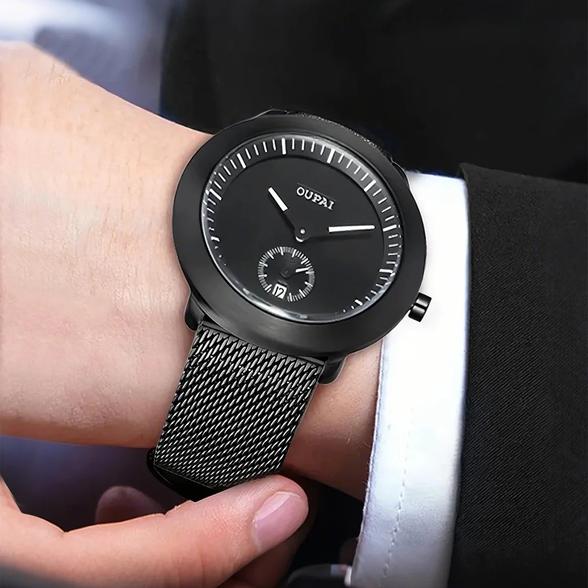 Oupai круглые черные кварцевые часы из нержавеющей стали, простые и спортивные часы, мужские наручные часы с календарем, водонепроницаемые