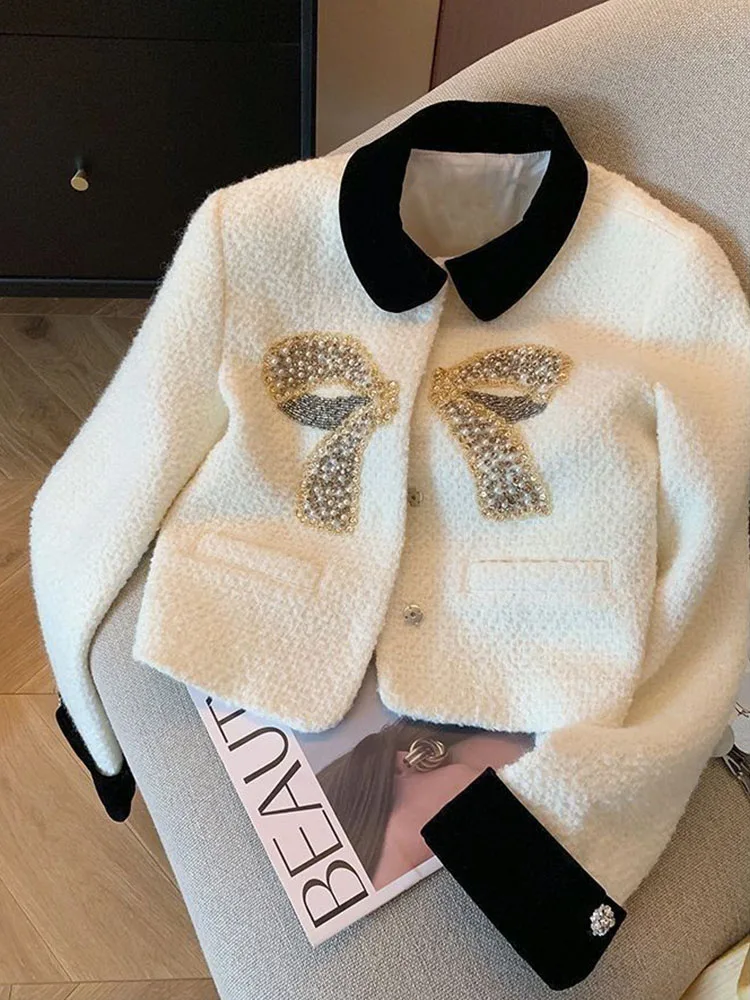 Jmprs Women Bow Elegant Tweed Jacket Korean Sweet Patchwork Long Sleeve Short Coat Casual Fashion Design Lady High Quality Tops