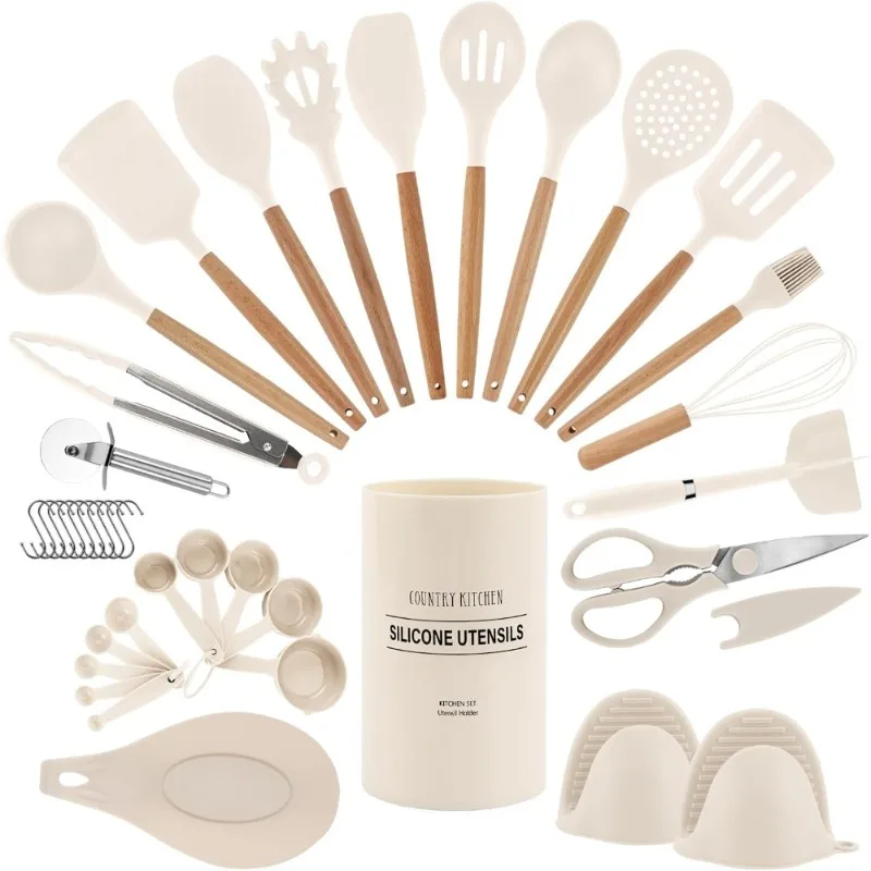

Non Stick Silicone Kitchen Utensil Set with Wood Handles for Cooking Baking 38 Pcs Khaki