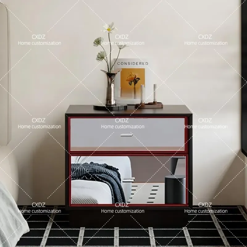 Medieval Style Bedside Table Mirror Stainless Steel Chest of Drawers with Optical Shaft Design Nightstand for Bedroom Storage