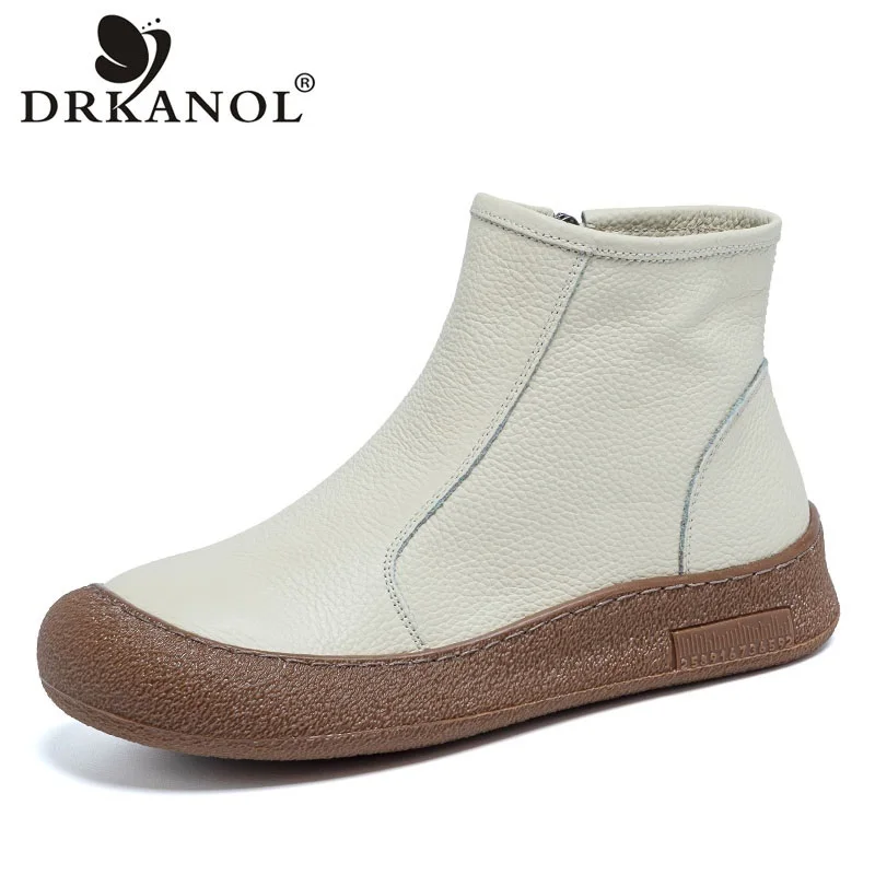 

DRKANOL Winter Snow Boots Women Winter Shearling Fur Natural Wool Flat Platform Warm Ankle Boots Genuine Leather Cotton Boots