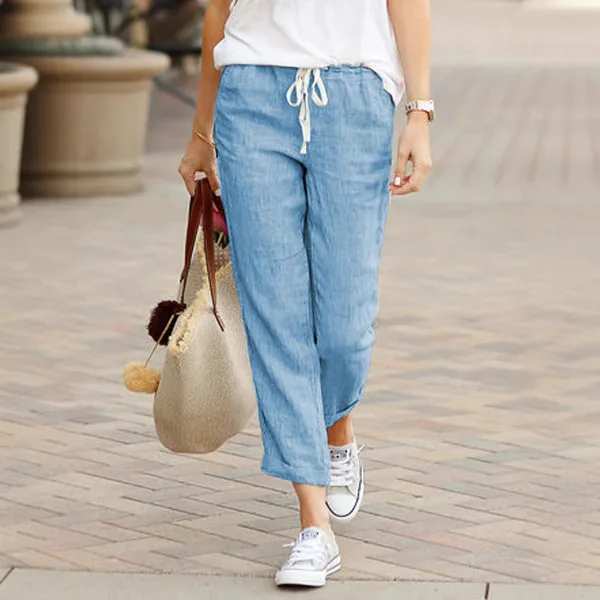 2025 European and American Spring and Autumn New Solid Color Loose Casual Drawstring Elastic Waist Cotton and Linen Trousers
