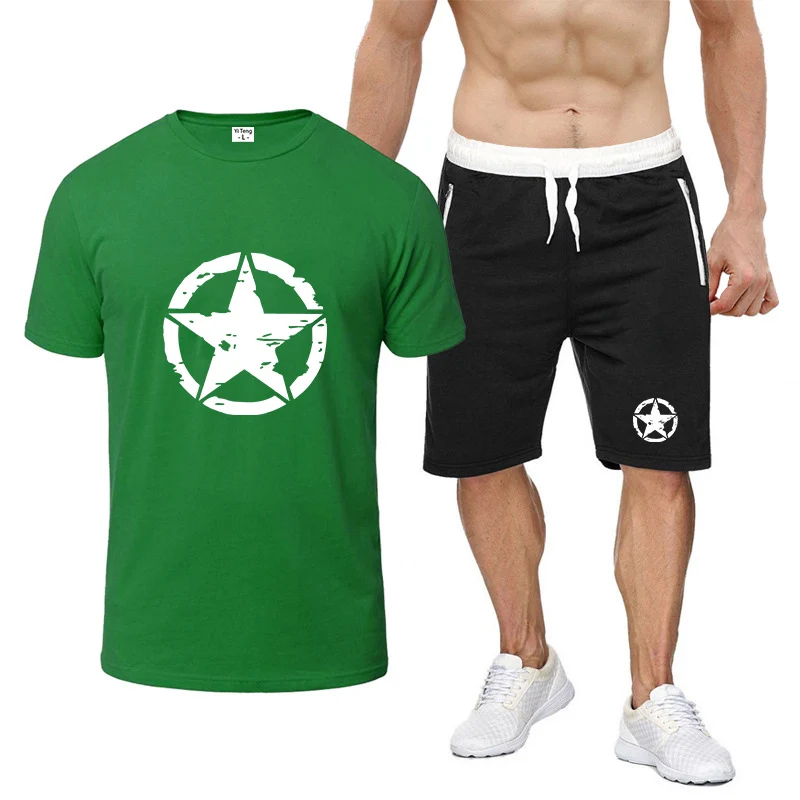 

2026 Мужской повседневный костюм в стиле ретро со звездами и логотипом, летняя однотонная рубашка для путешествий на открытом воздухе + шорты на шнурке, костюмы из 2 предметов
