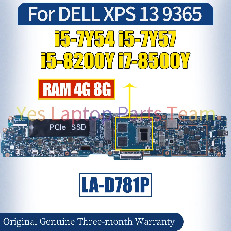 LA-D781P para dell xps 13 9365 placa-mãe do portátil i5-7Y54 i5-7Y57 i5-8200Y i7-8500Y ram 4g 8g 100% testado placa-mãe do notebook