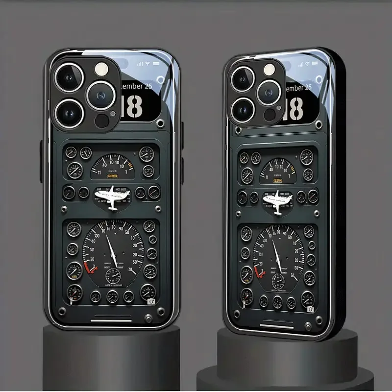 Dark green flight instrument grid tempered glass protective case - suitable for iPhone 16/16 Plus/16 Pro/16 Pro Max/15
